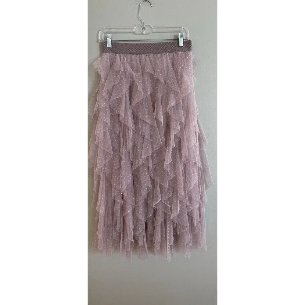 Anthropologie Midi Skirt Cheri Ruffle Tulle Elastic Waist Rose Plush Preppy M